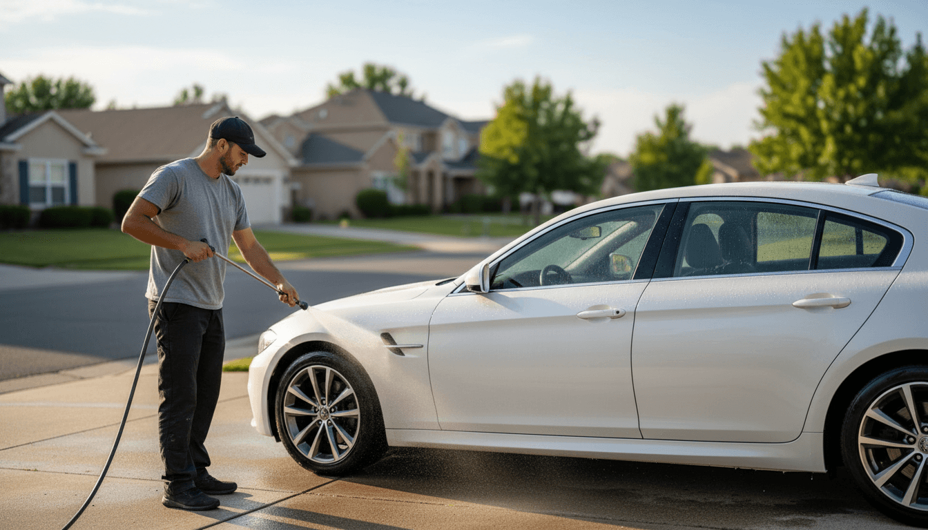 Detailer washing a sedan in a Pleasanton driveway