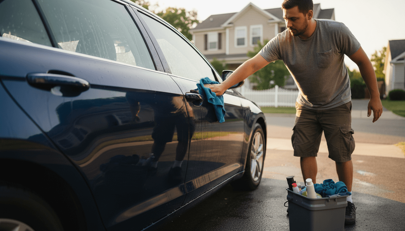 Mobile detailer drying a freshly washed car in a Pleasanton driveway