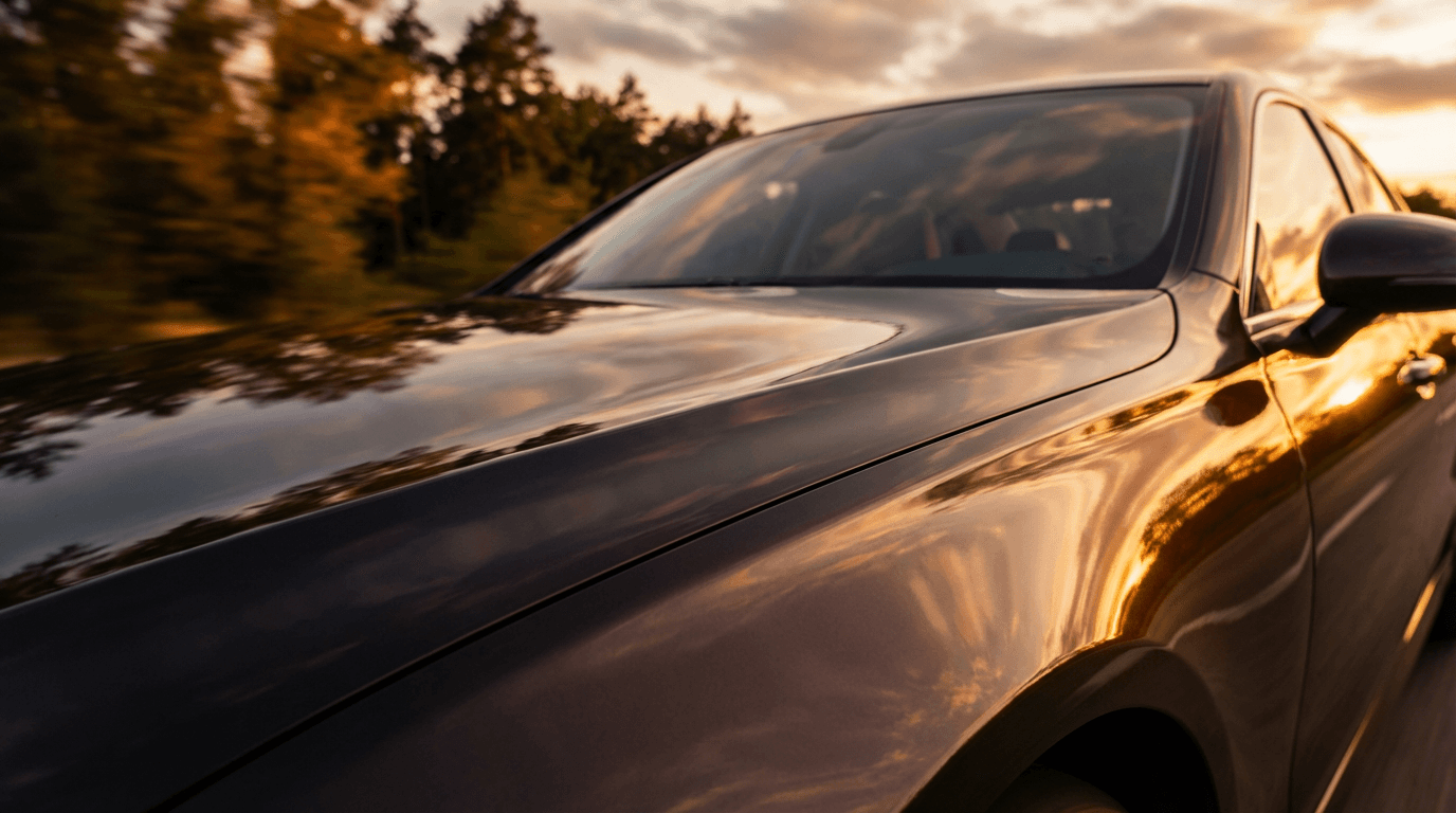 Golden hour view of a glossy polished car hood reflecting environment with perfect ceramic-coated finish and shallow depth of field.